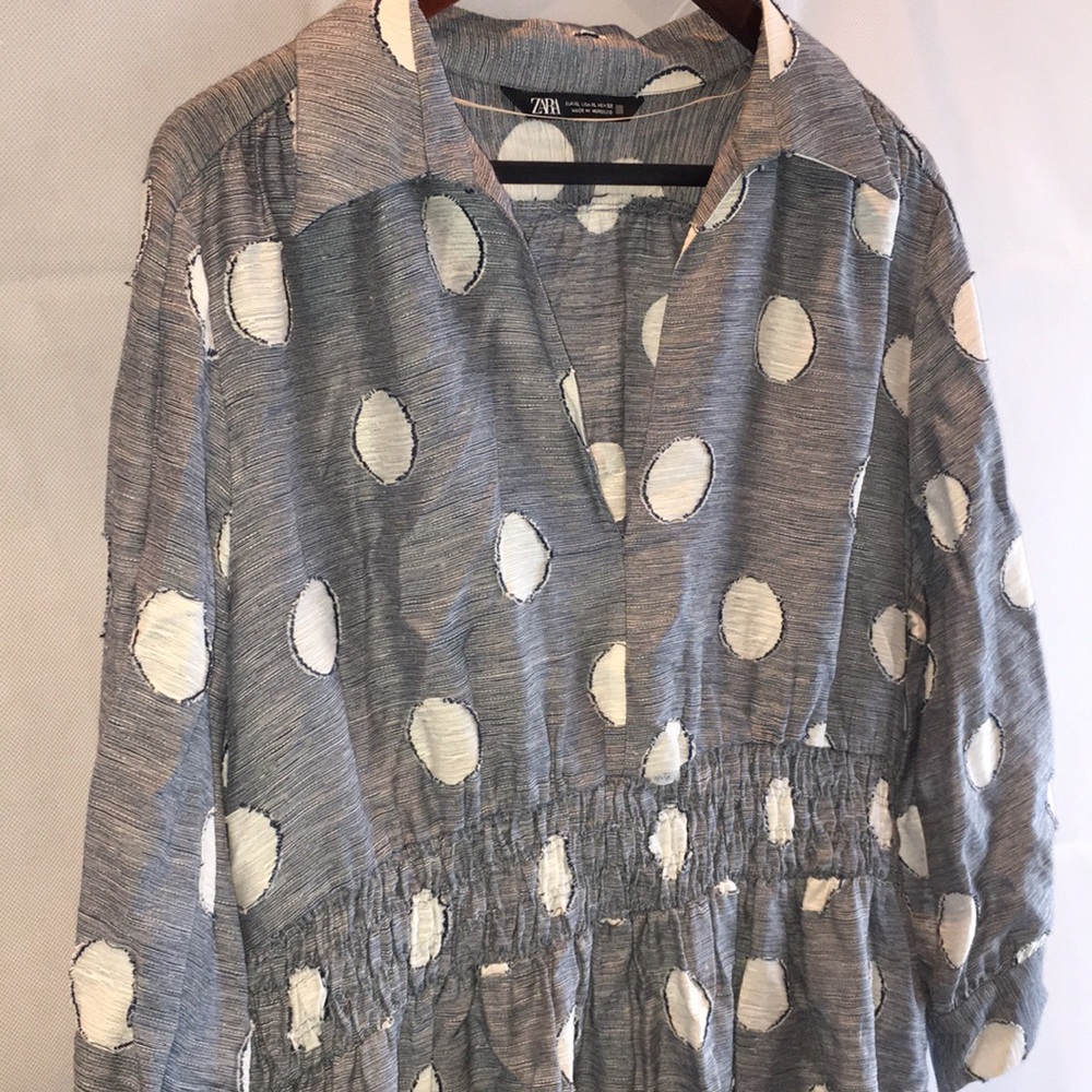 ZARA Gray Polka Dot 3/4 Sleeve Mini Dress | Elastic Waist - Picture 3 of 8